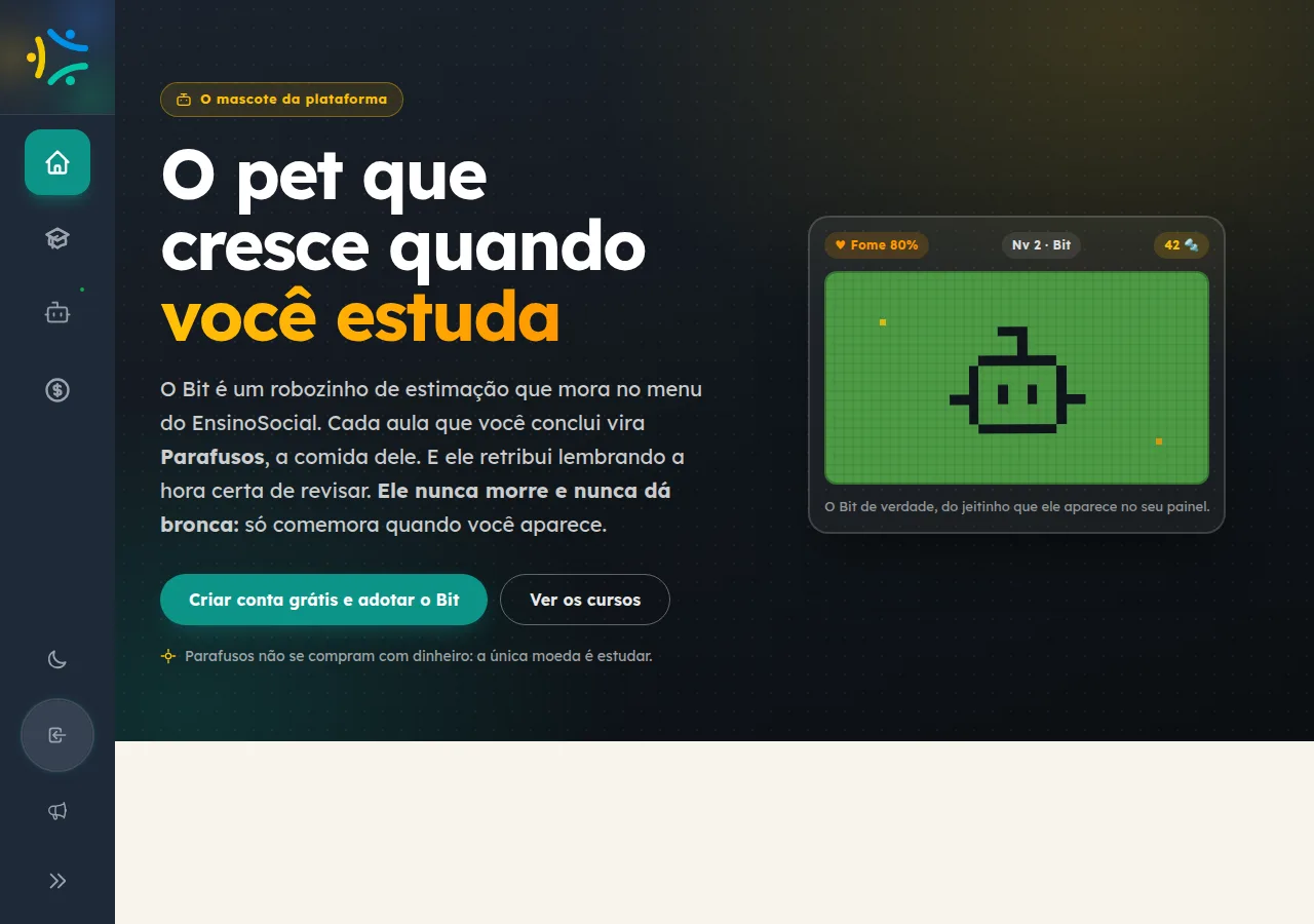 Página pública do pet Bit mostrando o pet e a trilha de fases