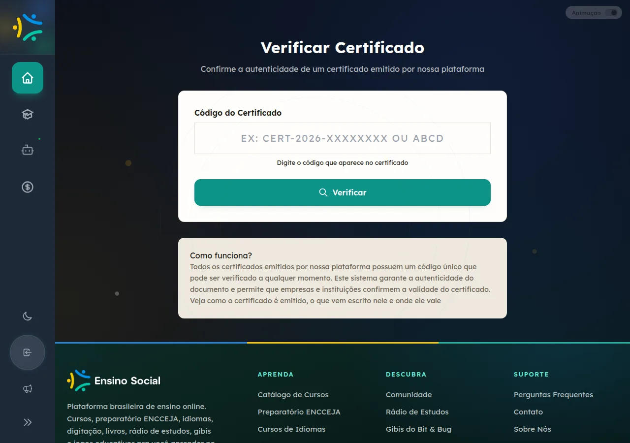 Página pública de verificação de certificado do Ensino Social, onde se confere um certificado pelo código sem conta