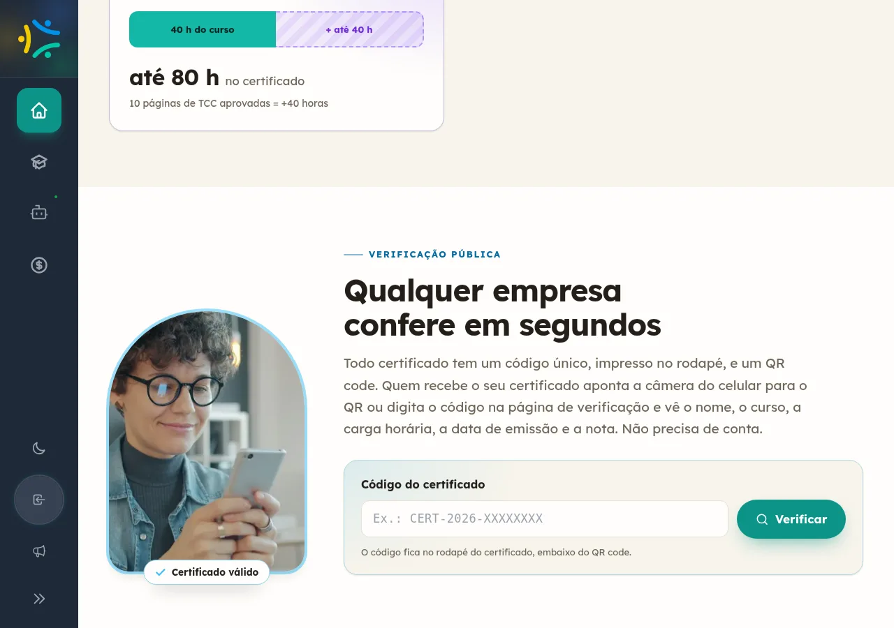 Seções de verificação e de validade da página do certificado, mostrando que qualquer empresa confere de graça e onde o certificado vale