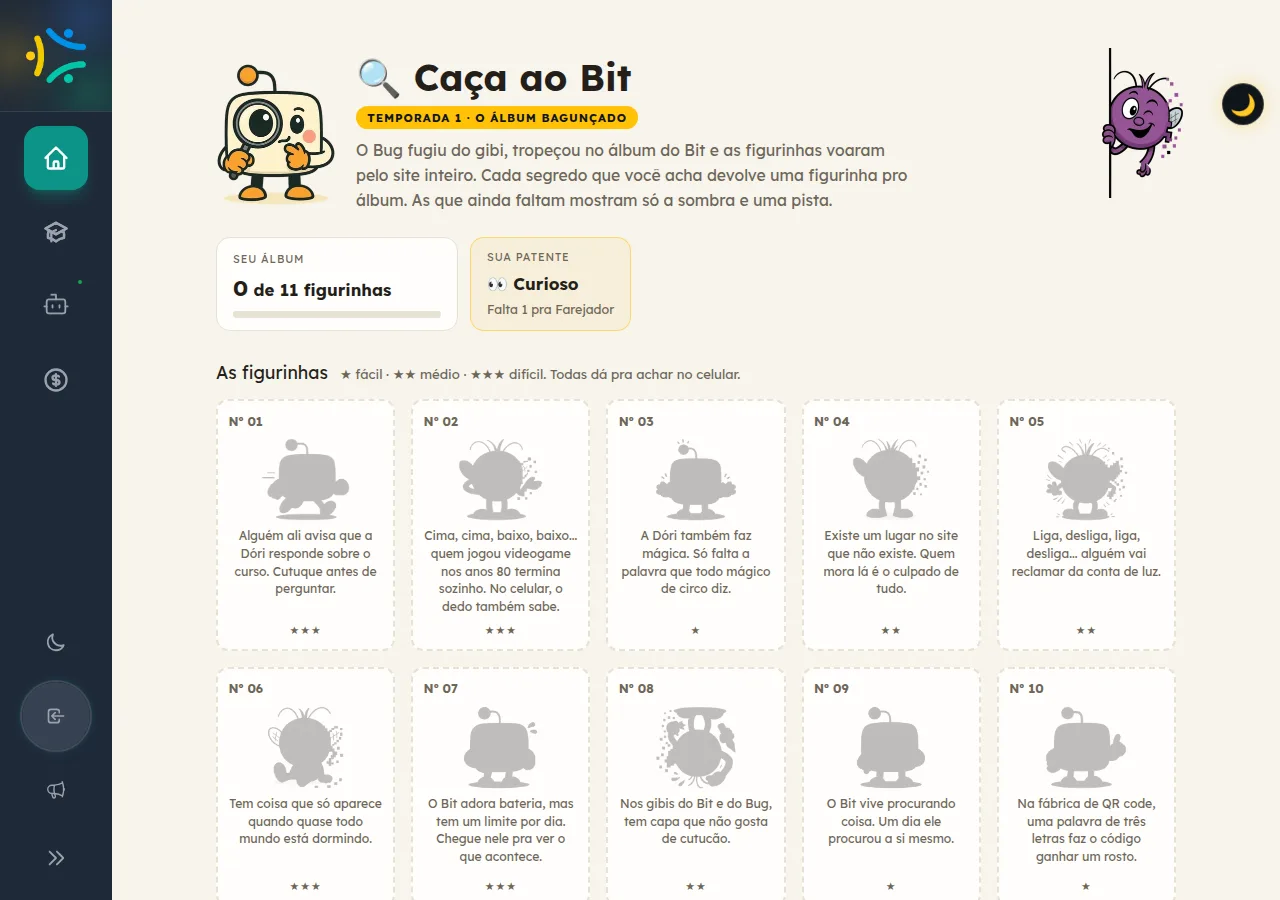 Quadro público da Caça ao Bit visto sem login: os segredos aparecem como sombras, cada um com uma pista.