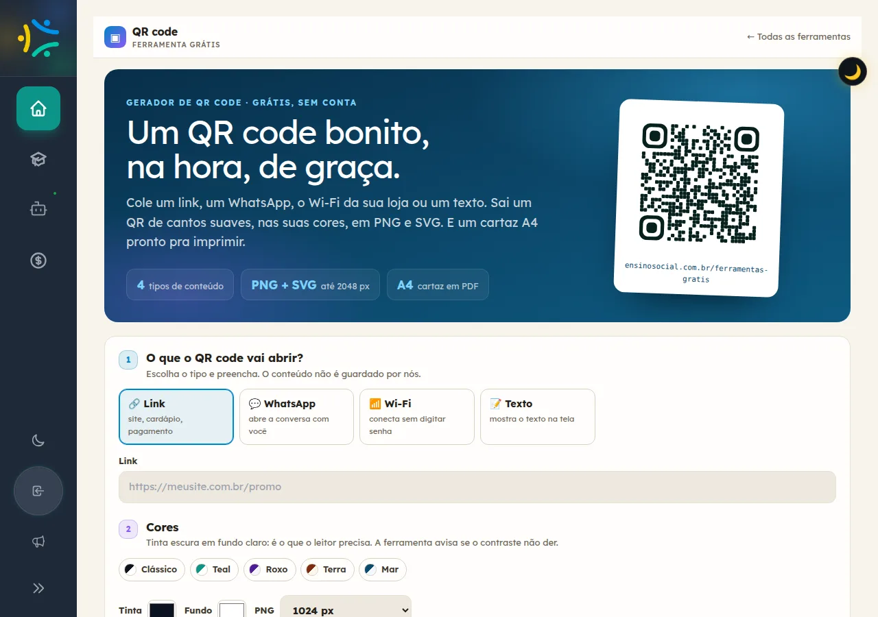 Gerador de QR code aberto, com as opções de link, WhatsApp, Wi-Fi e texto