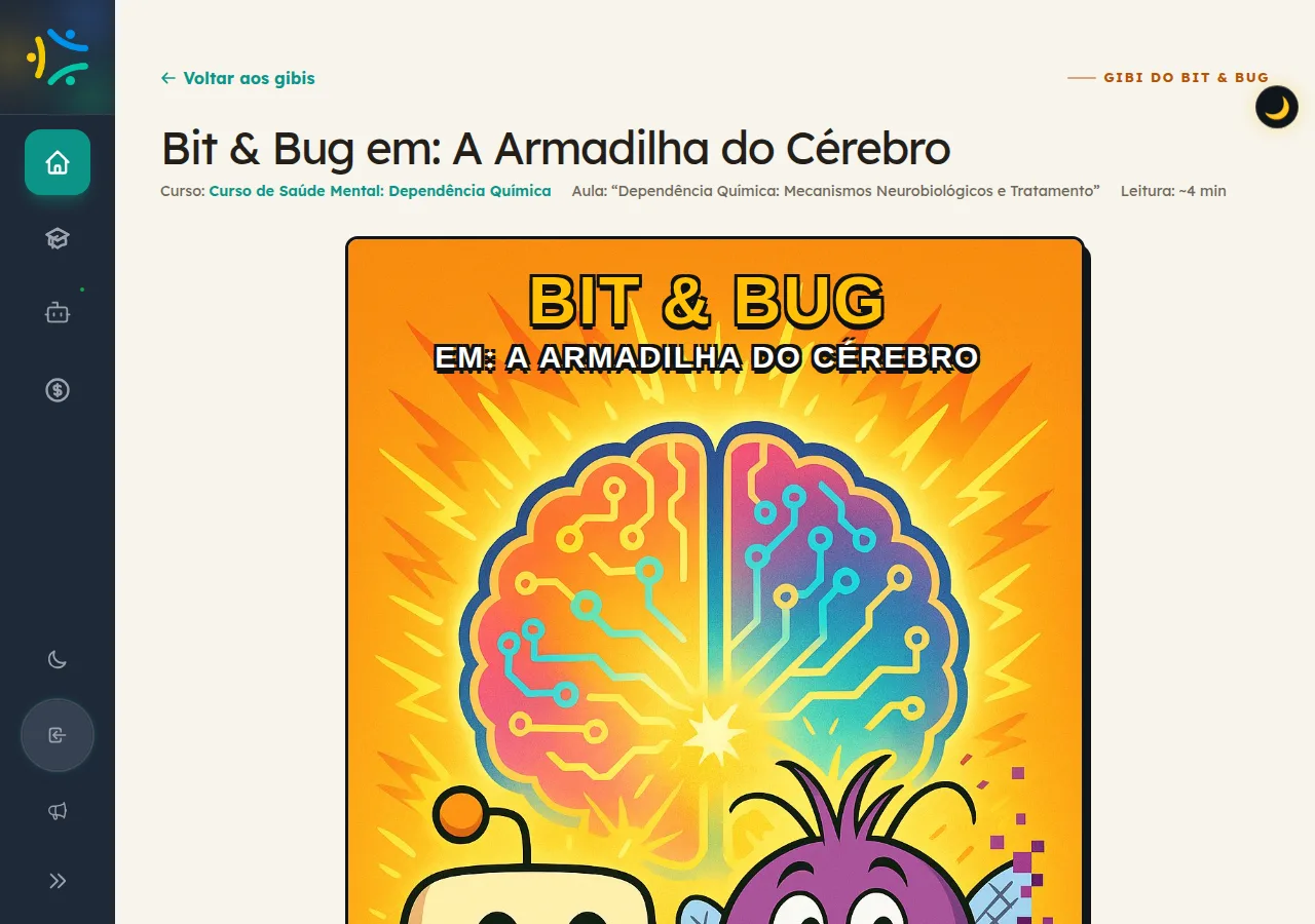 Um gibi aberto no leitor, com a história em quadrinhos do Bit e do Bug rolando na tela.