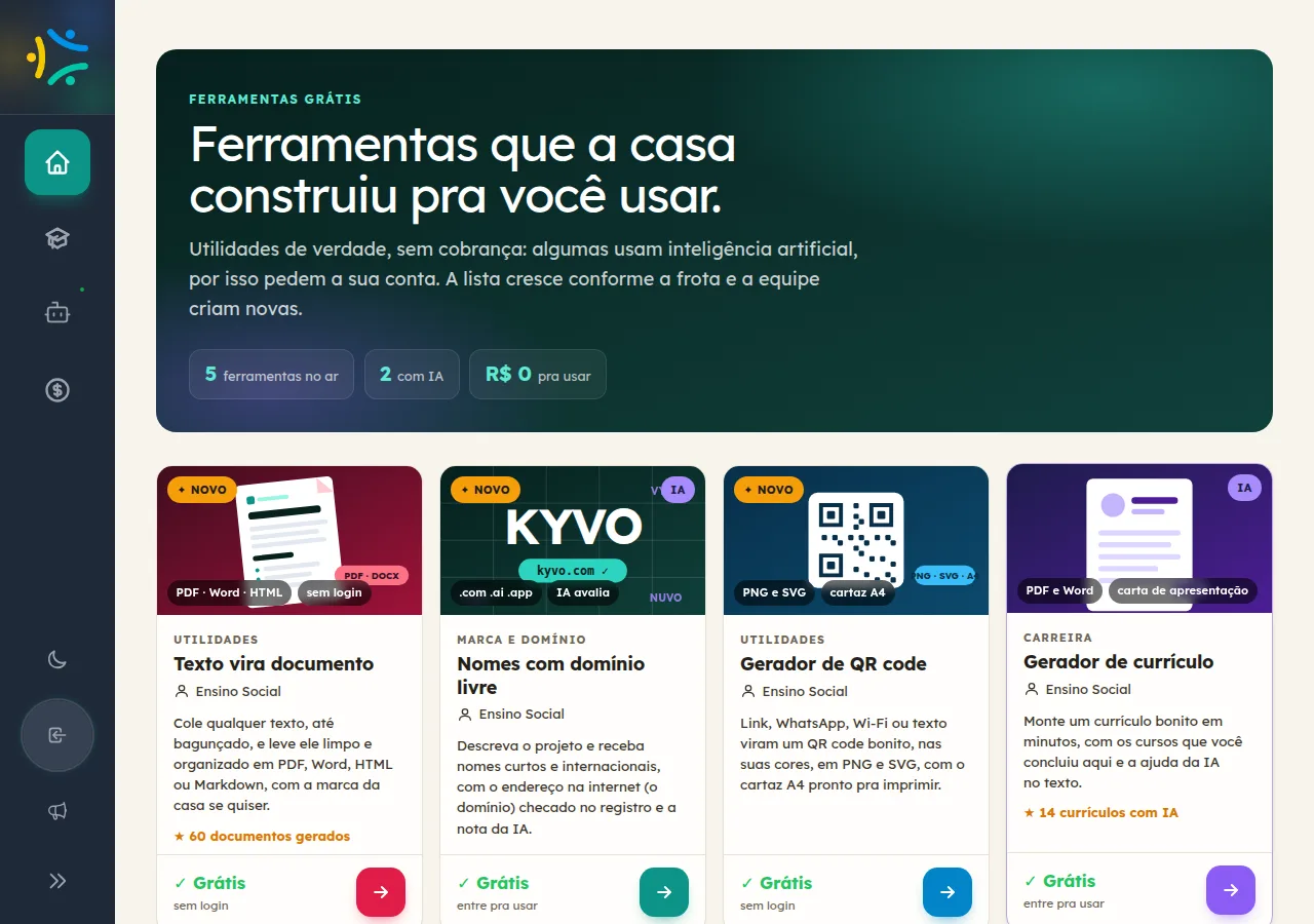 Vitrine de ferramentas gratuitas do Ensino Social com o gerador de QR code entre elas