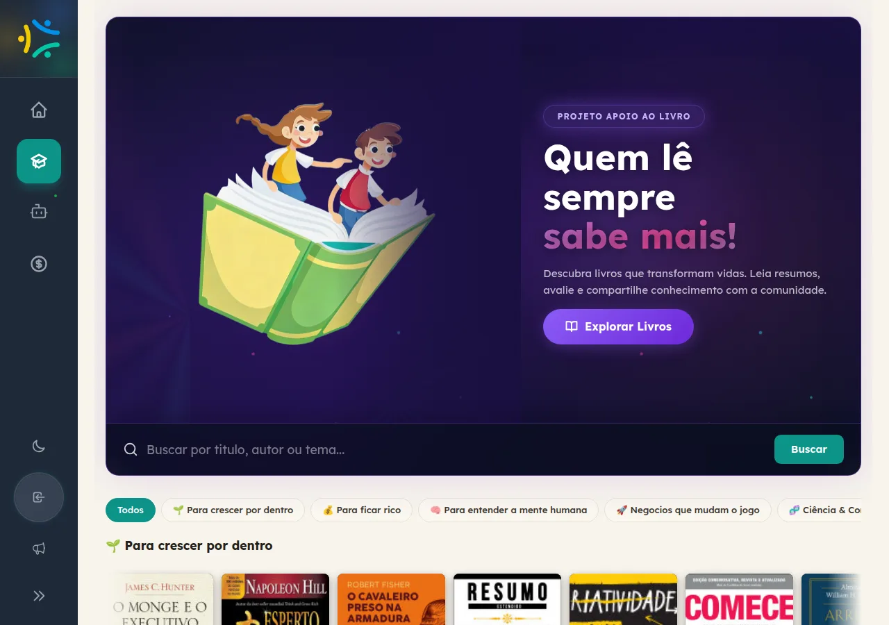 Entrada da seção Livros do Ensino Social com o banner Quem lê sempre sabe mais! do Projeto Apoio ao Livro e carrosséis por tema