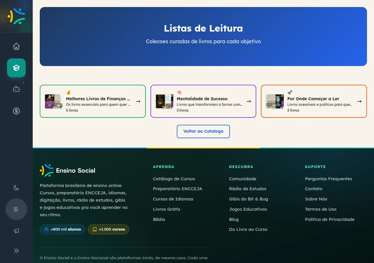 Página Listas de Leitura com cards de listas e a quantidade de livros em cada uma
