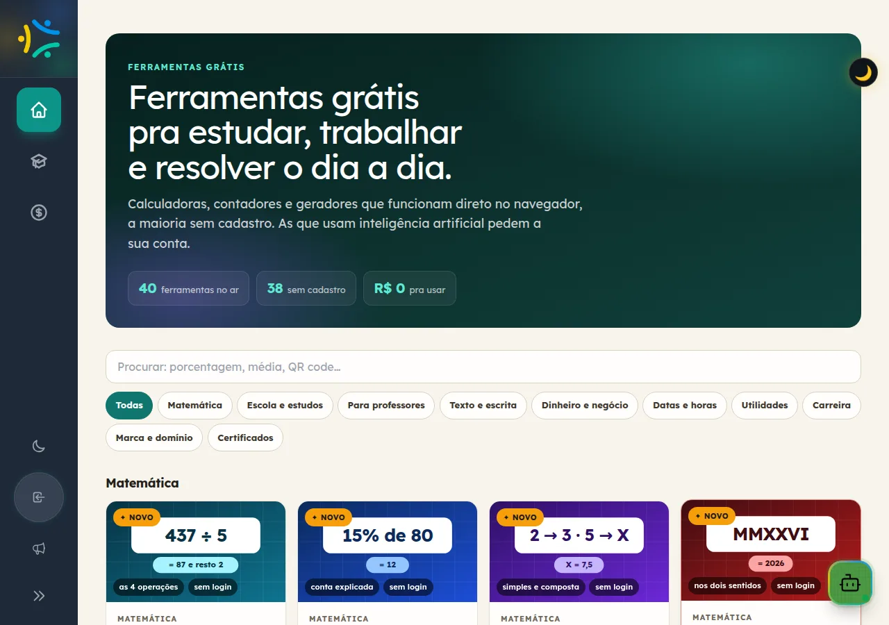 Vitrine Ferramentas grátis do Ensino Social com busca, filtros por categoria e cards com o selo Grátis