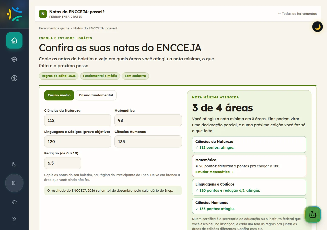 Conferência das notas do ENCCEJA com um boletim de exemplo do ensino médio