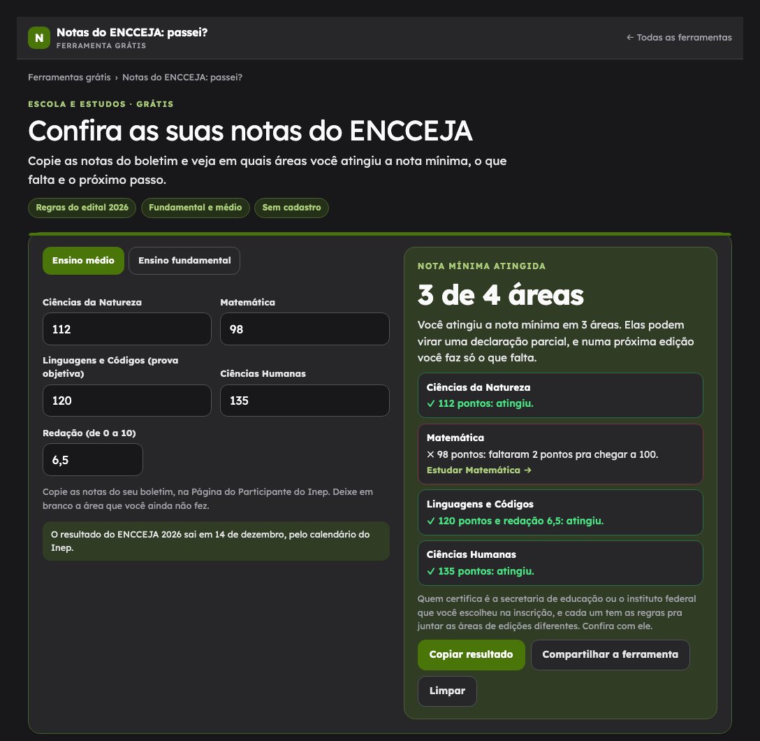 Ferramenta Notas do ENCCEJA com um exemplo de boletim: três de quatro áreas com a nota mínima e Matemática com 98 pontos
