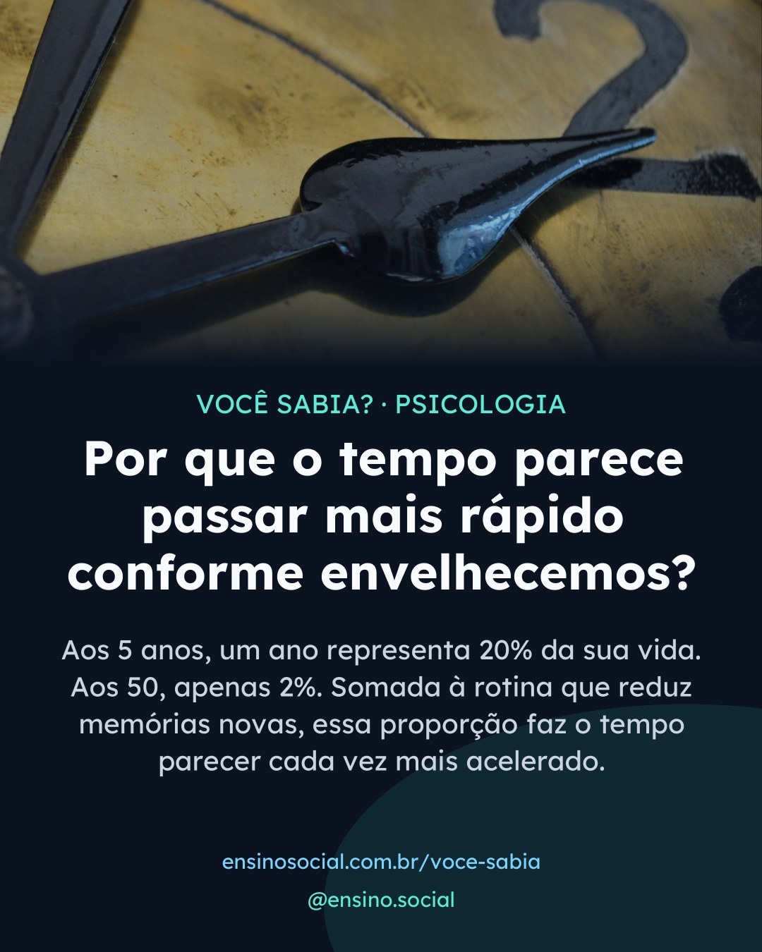 Aos 5 anos, um ano é 20% da sua vida. Aos 50, apenas 2%. ⏳

Quando criança, tudo é novidade e o cérebro cria memórias ricas, fazendo os dias parecerem longos. Com a rotina, ele economiza processamento e registra menos detalhes, acelerando a percepção do tempo. Esse efeito foi descrito pelo filósofo Paul Janet em 1897, na chamada teoria proporcional. Para desacelerar: buscar experiências novas e quebrar a rotina.

Veja a explicação completa em ensinosocial.com.br/voce-sabia