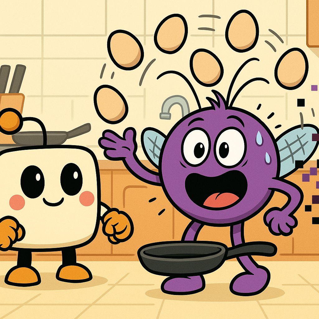 Bit: Multiplica cruzado: 100 · x = 1 · 500 → x = 5 ovos!
Bug: Cinco! Quase virei omelete de vergonha!